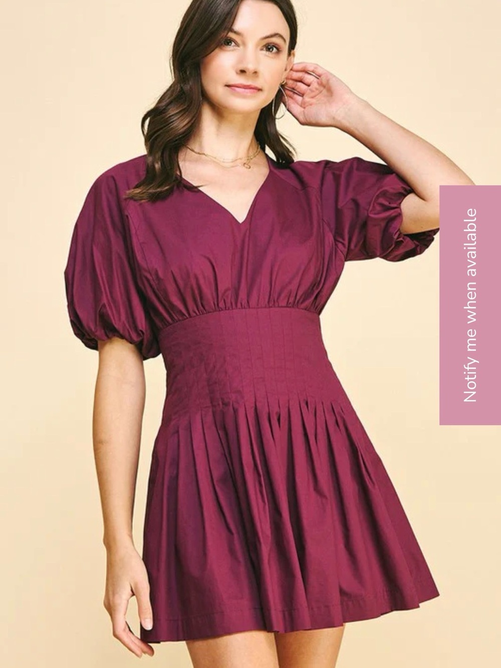 Pinch Short Puff Sleeve V-Neck Mini Dress in Plum